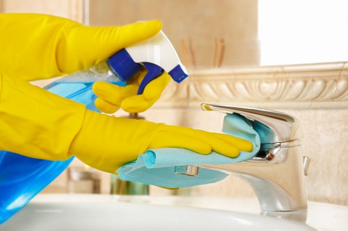 Carpet cleaning professional preparing equipment safely in a clean workspace