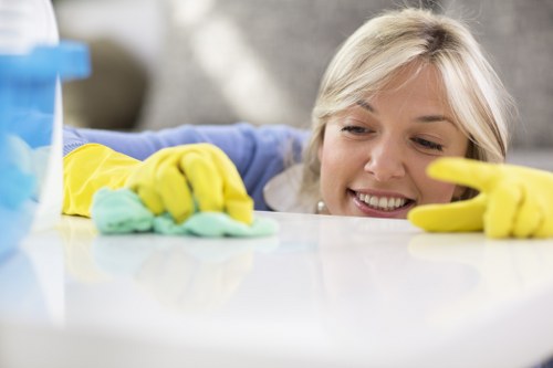 Supervisor reviewing carpet cleaning safety procedures in a work area